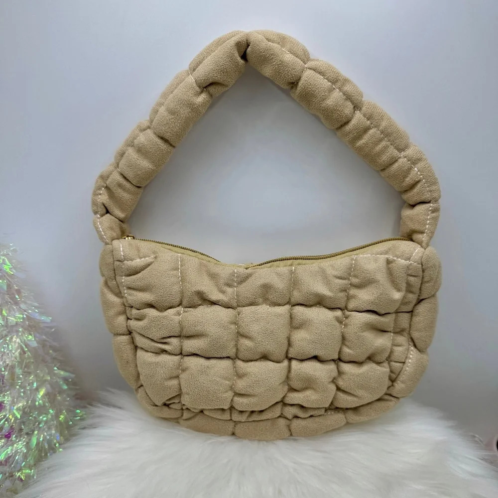 Cloud Feel Puffer Quilted Soft Fabric Material Hand Bag in tan